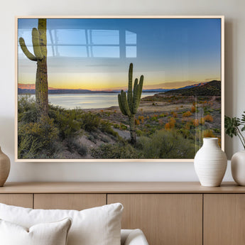 52844711-MGV-FP-36X24-3P_Natural-Saguaro Cactus Wall Art Canvas Print, Framed Desert Sunset Art Picture Print, Southwestern Scene Perfect Southwestern Rustic Decor