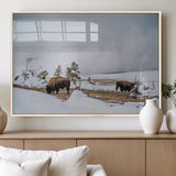 60308289-MGV-FP-36X24-3P_Natural-Bison Wildlife Wall Art Canvas Print, Framed Snowy Prairie Art Picture Print, Western Landscape Perfect Rustic Winter Decor