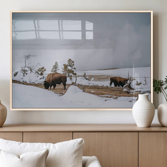 60308289-MGV-FP-36X24-3P_Natural-Bison Wildlife Wall Art Canvas Print, Framed Snowy Prairie Art Picture Print, Western Landscape Perfect Rustic Winter Decor
