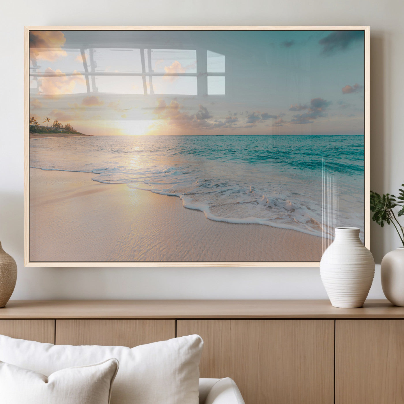 94538225-MGV-FP-36X24-3P_Natural-Beach Sunset Wall Art Canvas Print, Framed Ocean Waves Art Picture Print, Summer Escape Perfect Coastal Serenity Decor Artwork