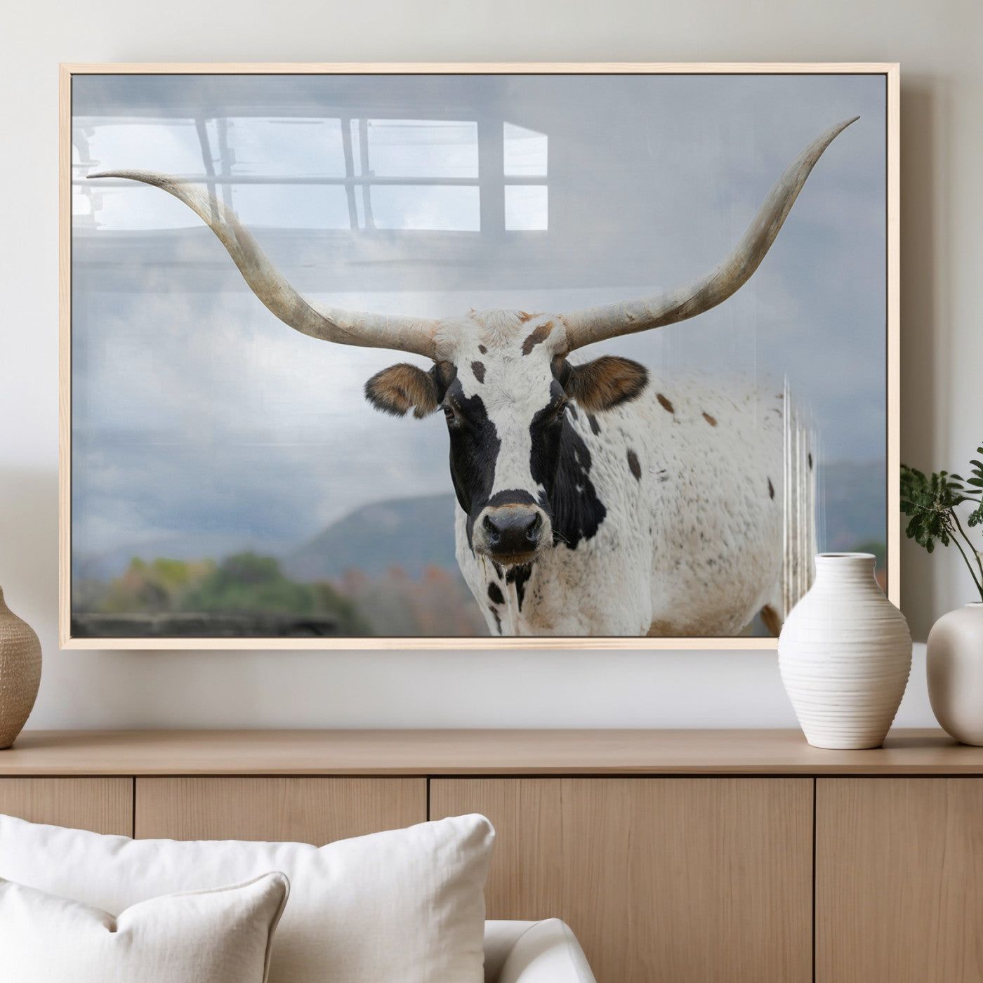 63592811-MGV-FP-36X24-3P_Natural-Texas Longhorn Wall Art Canvas Print, Framed Western Rustic Art Picture Print, Farmhouse Decor Perfect Rustic Farmhouse Decor