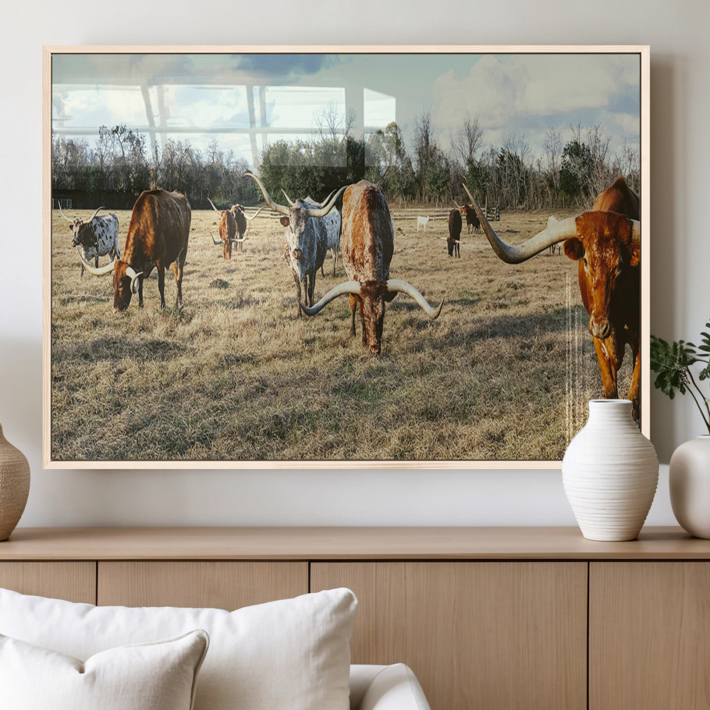39144651-MGV-FP-36X24-3P_Natural-Texas Longhorns Wall Art Canvas Print, Framed Rustic Farm Scene Art Picture Print, Western Cattle Perfect Rustic Farmhouse Decor