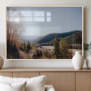 52941305-MGV-FP-36X24-3P_Natural-Rustic Landscape Wall Art Canvas Print, Framed Serene Valley Art Picture Print, Pine Tree Horizon Perfect Rustic Cabin Decor