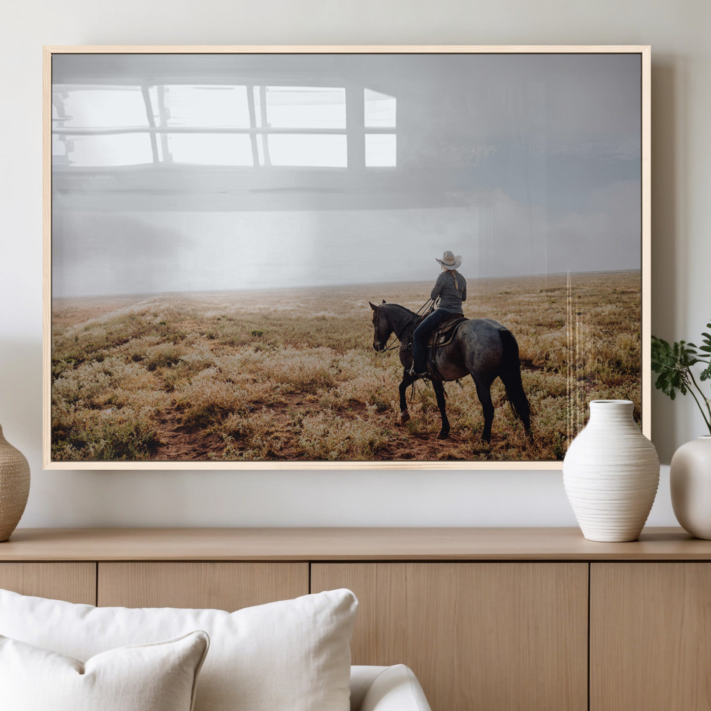 57597730-MGV-FP-36X24-3P_Natural-Cowboy Wall Art Wall Art Canvas Print, Framed Western Canvas Art Picture Print, Rustic Ranch Scene Perfect Rustic Western Decor