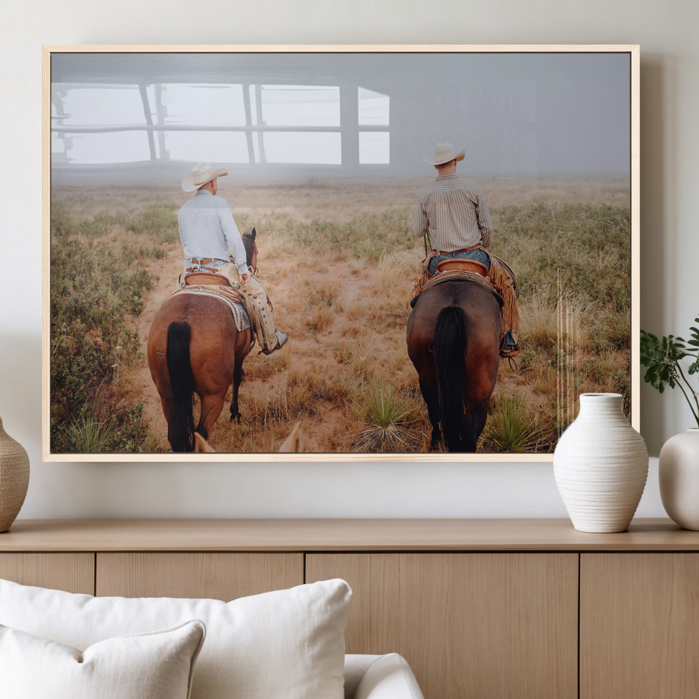 54943176-MGV-FP-36X24-3P_Natural-Cowboy Wall Art Wall Art Canvas Print, Framed Western Canvas Art Picture Print, Rustic Ranch Scene Perfect Rustic Western Decor