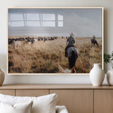 22431577-MGV-FP-36X24-3P_Natural-Western Wall Art Wall Art Canvas Print, Framed Cowboy Canvas Art Picture Print, Cattle Drive Scene Perfect Rustic Western Decor