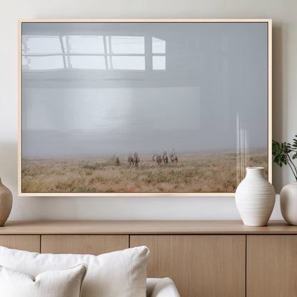 14761944-MGV-FP-36X24-3P_Natural-Foggy Plains Wall Art Canvas Print, Framed Horseback Riders Art Picture Print, Rustic Western Perfect Rustic Western Decor Artwork