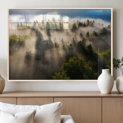 14785710-MGV-FP-36X24-3P_Natural-Tranquil Forest Scene Wall Art Canvas Print, Framed Sunbeam Through Trees Art Picture Print, Moody Green Wall Art Perfect