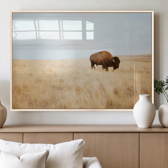 61392510-MGV-FP-36X24-3P_Natural-Buffalo Wall Art Wall Art Canvas Print, Framed Western Wildlife Decor Art Picture Print, Rustic Farmhouse Art Perfect Rustic