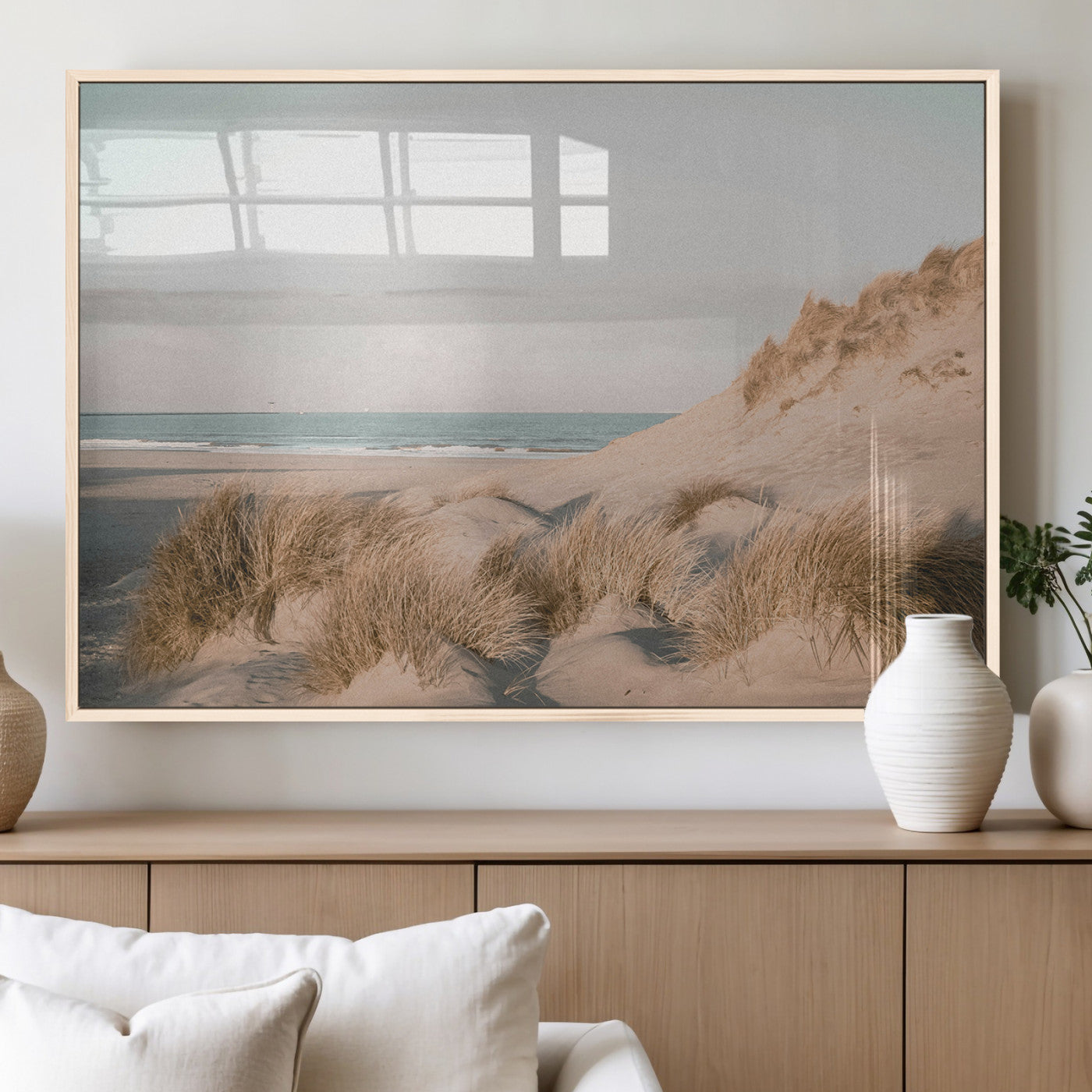 28064037-MGV-FP-36X24-3P_Natural-Minimalist Seascape Wall Art Canvas Print, Framed Neutral Beach Print Art Picture Print, Sand Dune Photography Perfect