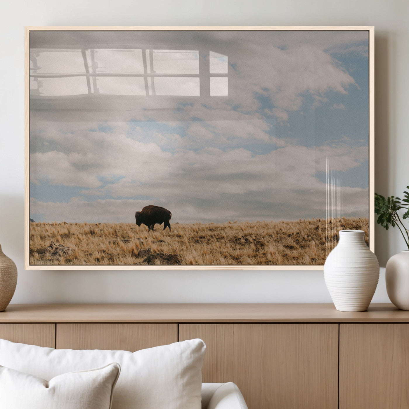 22754563-MGV-FP-36X24-3P_Natural-Earthy Tones Wall Art Canvas Print, Framed Rustic Nature Art Picture Print, Solitary Buffalo Perfect Western Minimalist Decor