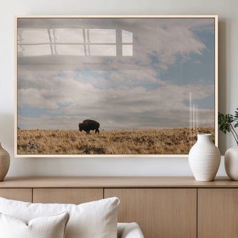 22754563-MGV-FP-36X24-3P_Natural-Earthy Tones Wall Art Canvas Print, Framed Rustic Nature Art Picture Print, Solitary Buffalo Perfect Western Minimalist Decor