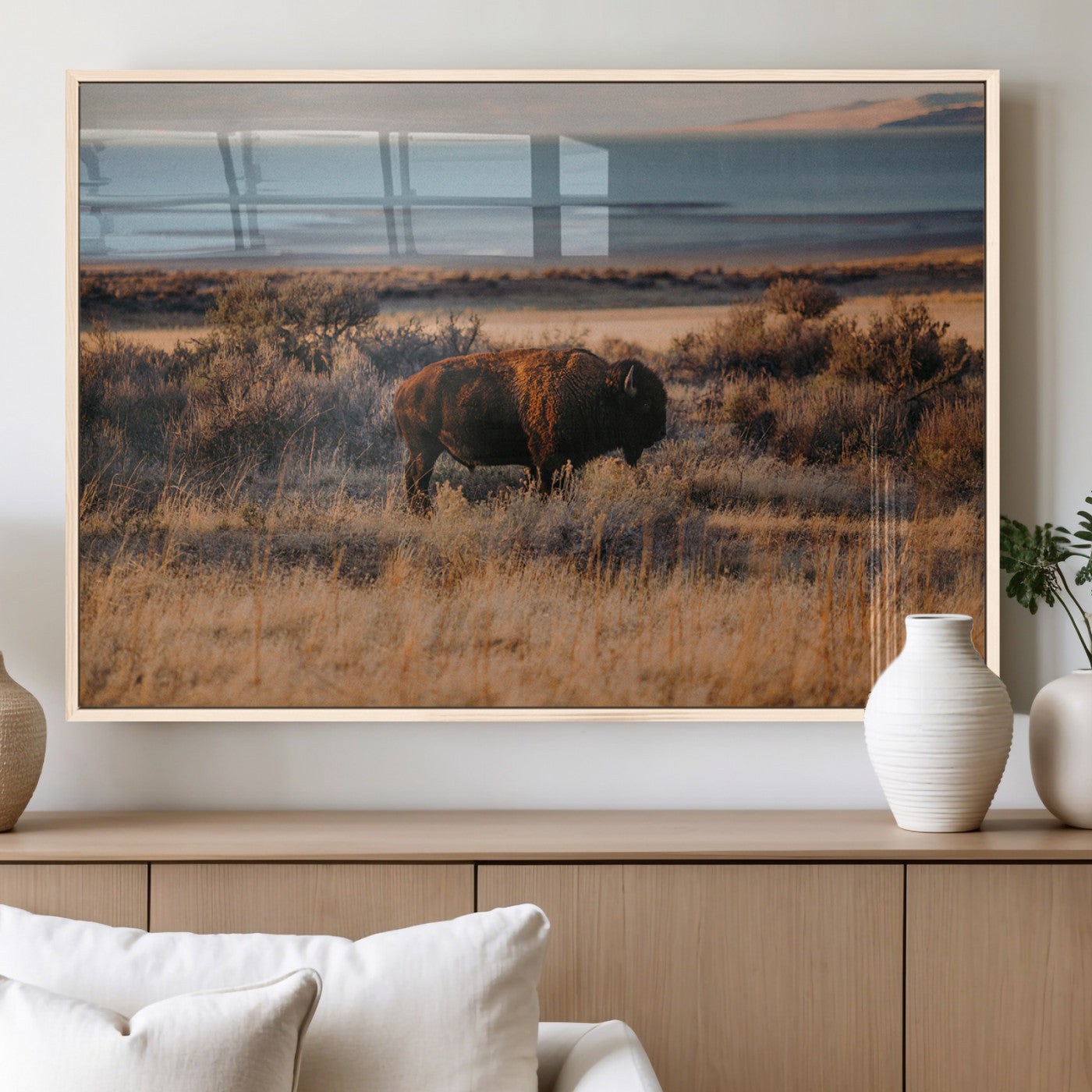 39509187-MGV-FP-36X24-3P_Natural-Western Wildlife Wall Art Canvas Print, Framed Bison Art Picture Print, Golden Hour Perfect Western Rustic Decor Artwork