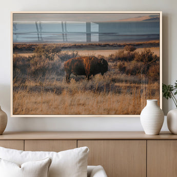 39509187-MGV-FP-36X24-3P_Natural-Western Wildlife Wall Art Canvas Print, Framed Bison Art Picture Print, Golden Hour Perfect Western Rustic Decor Artwork