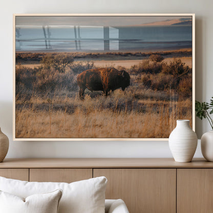 39509187-MGV-FP-36X24-3P_Natural-Western Wildlife Wall Art Canvas Print, Framed Bison Art Picture Print, Golden Hour Perfect Western Rustic Decor Artwork