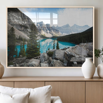98014896-MGV-FP-36X24-3P_Natural-Canadian Rockies Wall Art Canvas Print, Framed Mountain Landscape Art Picture Print, Turquoise Water Perfect Scandinavian