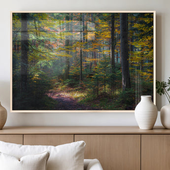 65810864-MGV-FP-36X24-3P_Natural-Autumn Forest Wall Art Canvas Print, Framed Fall Woodland Art Picture Print, Golden Leaves Perfect Rustic Farmhouse Decor Artwork