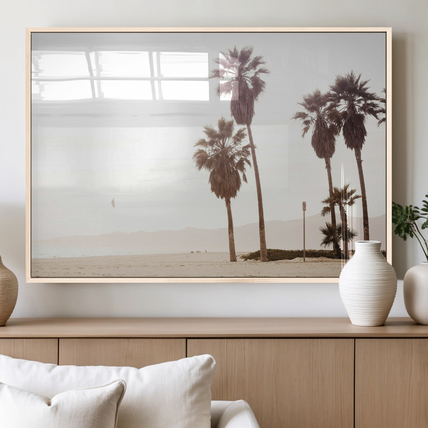 48255923-MGV-FP-36X24-3P_Natural-Coastal Light Wall Art Canvas Print, Framed Relaxing Shoreline Art Picture Print, Minimalist Ocean Perfect Tropical Serenity Decor
