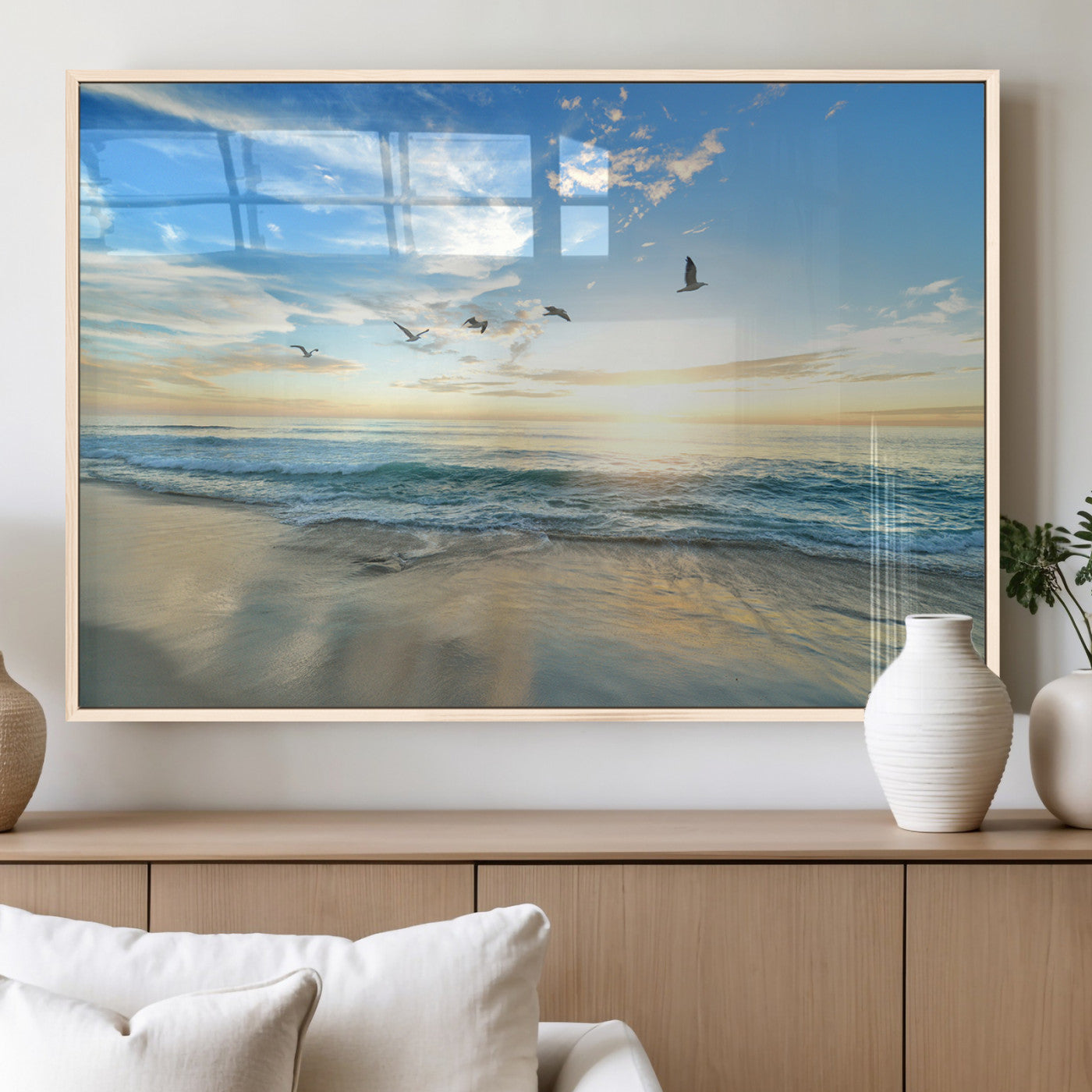 20708696-MGV-FP-36X24-3P_Natural-Minimalist Seaside Wall Art Canvas Print, Framed Morning Glow Art Picture Print, Golden Reflections Perfect Coastal Minimalist