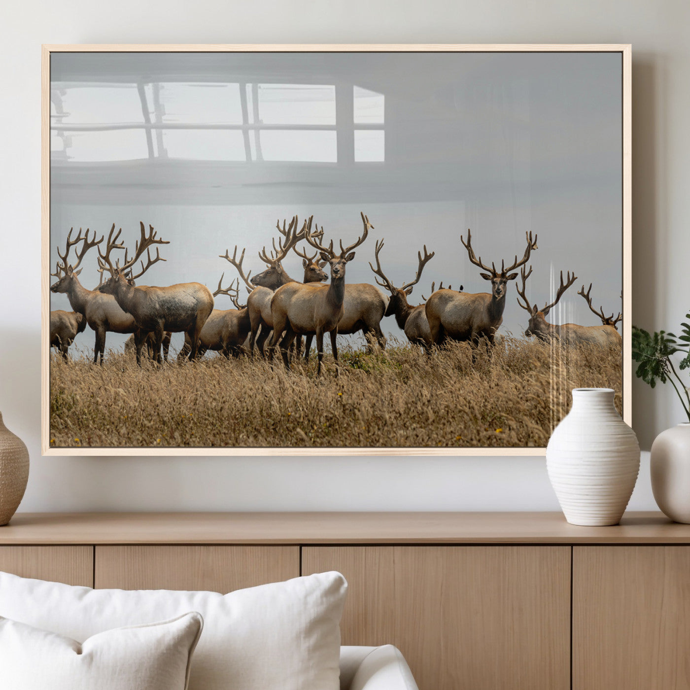 42170220-MGV-FP-36X24-3P_Natural-Elk Herd Wall Art Canvas Print, Framed Wildlife Photography Art Picture Print, Majestic Antlers Perfect Rustic Wildlife Decor