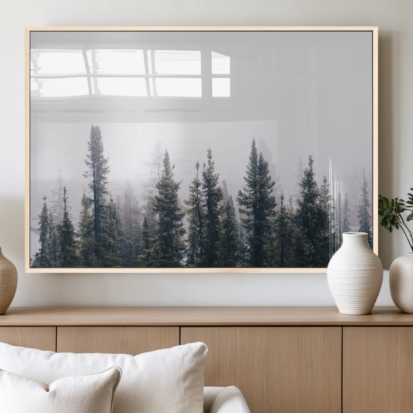 42364796-MGV-FP-36X24-3P_Natural-Foggy Forest Wall Art Canvas Print, Framed Misty Pines Art Picture Print, Moody Woodland Perfect Scandinavian Minimalist Decor