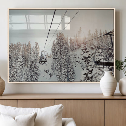91534512-MGV-FP-36X24-3P_Natural-Frosty Pines Wall Art Canvas Print, Framed Cozy Cabin View Art Picture Print, Ski Lift Ride Perfect Rustic Lodge Decor Artwork