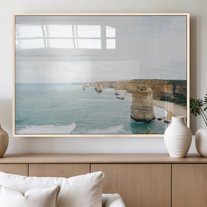 70095633-MGV-FP-60X30-3P_Natural-Twelve Apostles Wall Art Canvas Print, Framed Coastal Cliffs Art Picture Print, Rugged Rock Formations Perfect Minimalist Coastal