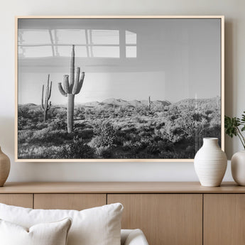 85205054-MGV-FP-36X24-3P_Natural-Saguaro Cactus Wall Art Canvas Print, Framed Monochrome Landscape Art Picture Print, Scenic Arizona View Perfect Minimalist