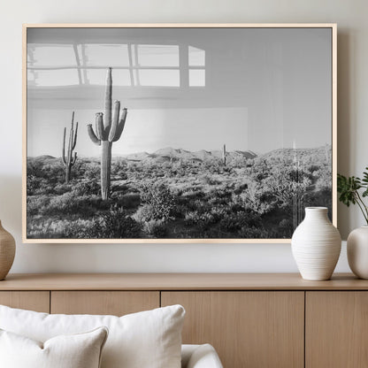 85205054-MGV-FP-36X24-3P_Natural-Saguaro Cactus Wall Art Canvas Print, Framed Monochrome Landscape Art Picture Print, Scenic Arizona View Perfect Minimalist