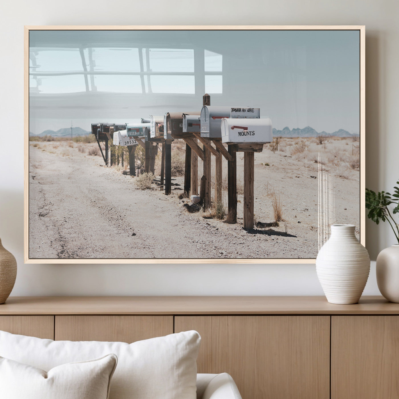 54616109-MGV-FP-36X24-3P_Natural-Desert Mailboxes Wall Art – Rustic Rural Roadside Photography Canvas Print, American Southwest Landscape Home Decor for Living