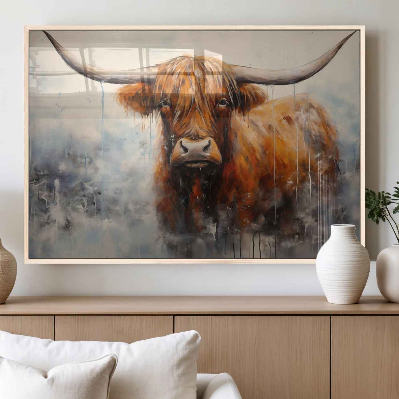 X61001-MGV-FP-36X24-3P_Natural-Scottish Highland Wall Art Canvas Print, Framed Longhorn Art Picture Print, Western Cow Perfect Farmhouse Decor Artwork