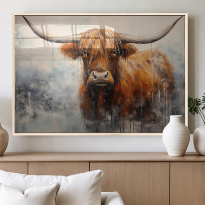 X61001-MGV-FP-36X24-3P_Natural-Scottish Highland Wall Art Canvas Print, Framed Longhorn Art Picture Print, Western Cow Perfect Farmhouse Decor Artwork
