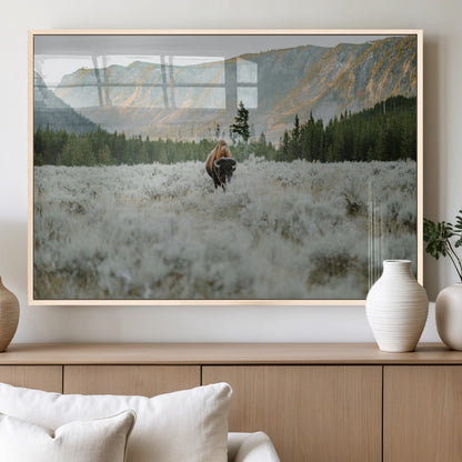 41674074-MGV-FP-36X24-3P_Natural-Bison Wall Art – American Buffalo Wildlife Photography Canvas Print, Western Mountain Landscape Artwork Rustic Nature Decor for