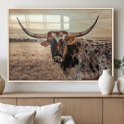 95745718-MGV-FP-36X24-3P_Natural-Texas Longhorn Wall Art – Western Cattle Photography Canvas Print, Rustic Ranch Animal Artwork Country Farmhouse Decor for Living