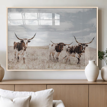 65621083-MGV-FP-36X24-3P_Natural-Texas Longhorn Wall Art – Rustic Western Cattle Canvas Print, Southwestern Ranch Photography Decor for Living Room, Office,