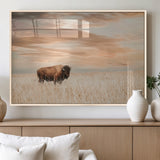 20306324-MGV-FP-36X24-3P_Natural-Bison Wall Art – Lone American Buffalo Prairie Sunset Canvas Print, Rustic Western Wildlife Photography Decor for Living Room,