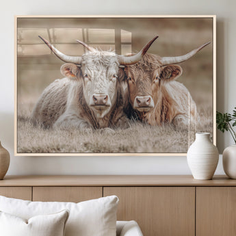 38651722-MGV-FP-36X24-3P_Natural-Cow Wall Art – Rustic Longhorn Pair Canvas Print, Western Farmhouse Animal Painting, Country Ranch Decor for Living Room, Bedroom,