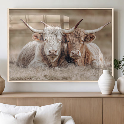 38651722-MGV-FP-36X24-3P_Natural-Cow Wall Art – Rustic Longhorn Pair Canvas Print, Western Farmhouse Animal Painting, Country Ranch Decor for Living Room, Bedroom,