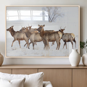 41416314-MGV-FP-36X24-3P_Natural-Elk Wall Art – Wildlife Herd Canvas Print in Snowy Landscape, Rustic Nature Painting, Western Cabin Lodge Decor for Living Room,