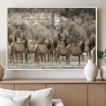 93076148-MGV-FP-36X24-3P_Natural-Elk Herd Wall Art – Wildlife Canvas Print of Elk in Winter Landscape, Rustic Western Cabin & Lodge Décor, Nature Photography for