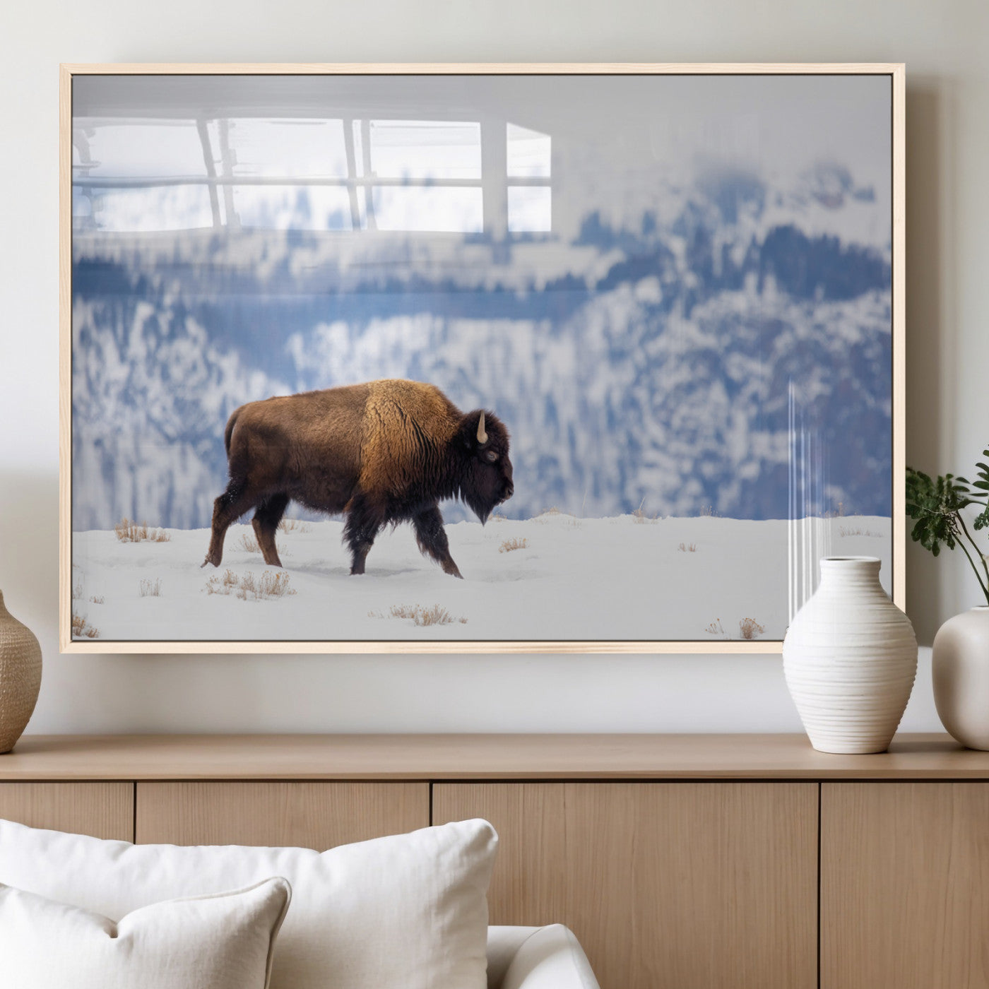 21623194-MGV-FP-36X24-3P_Natural-Snow Bison Wall Art – Majestic Buffalo Wildlife Canvas Print, Winter Nature Décor for Rustic Living Room, Farmhouse, Cabin, Lodge