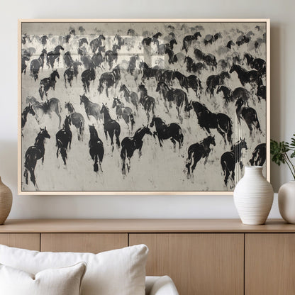 29265745-MGV-FP-36X24-3P_Natural-Wild Horse Herd Wall Art – Black and White Galloping Horses Canvas Print, Rustic Western Farmhouse Décor for Living Room, Bedroom,