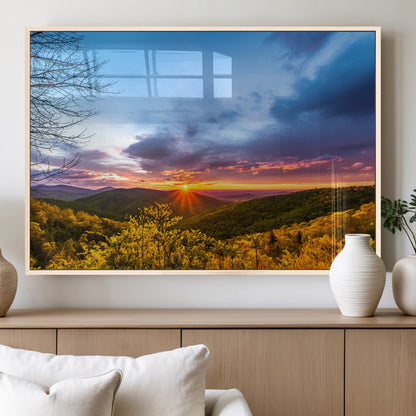 25786346-MGV-FP-36X24-3P_Natural-Sunset Over Mountains Wall Art – Nature Landscape Canvas Print, Golden Hour Forest Photography, Scenic Sunrise Artwork for Living