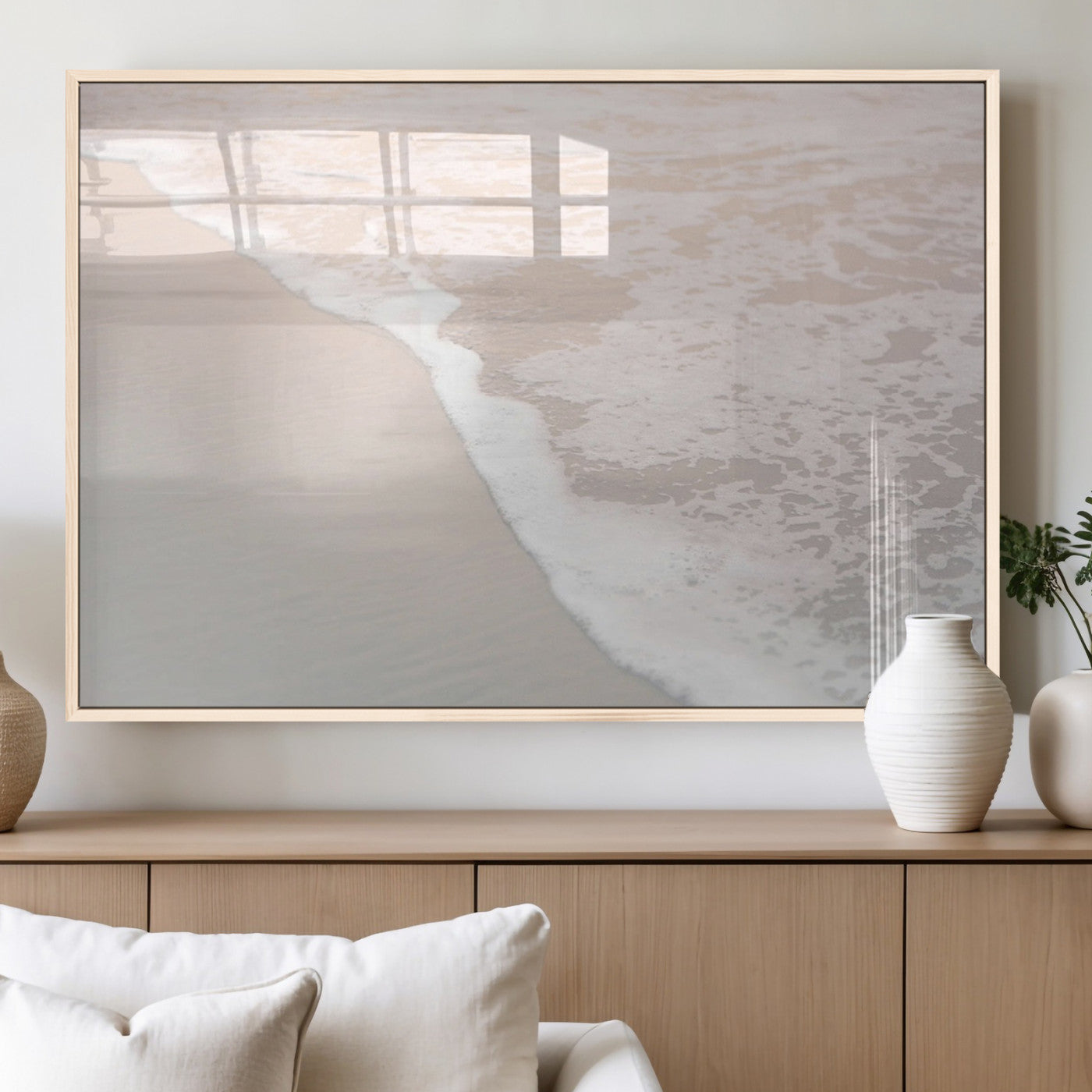 28414510-MGV-FP-36X24-3P_Natural-Ocean Shoreline Wall Art – Minimal Coastal Beach Canvas Print, Soft Sea Foam and Sand Photography Artwork, Relaxing Nautical Decor