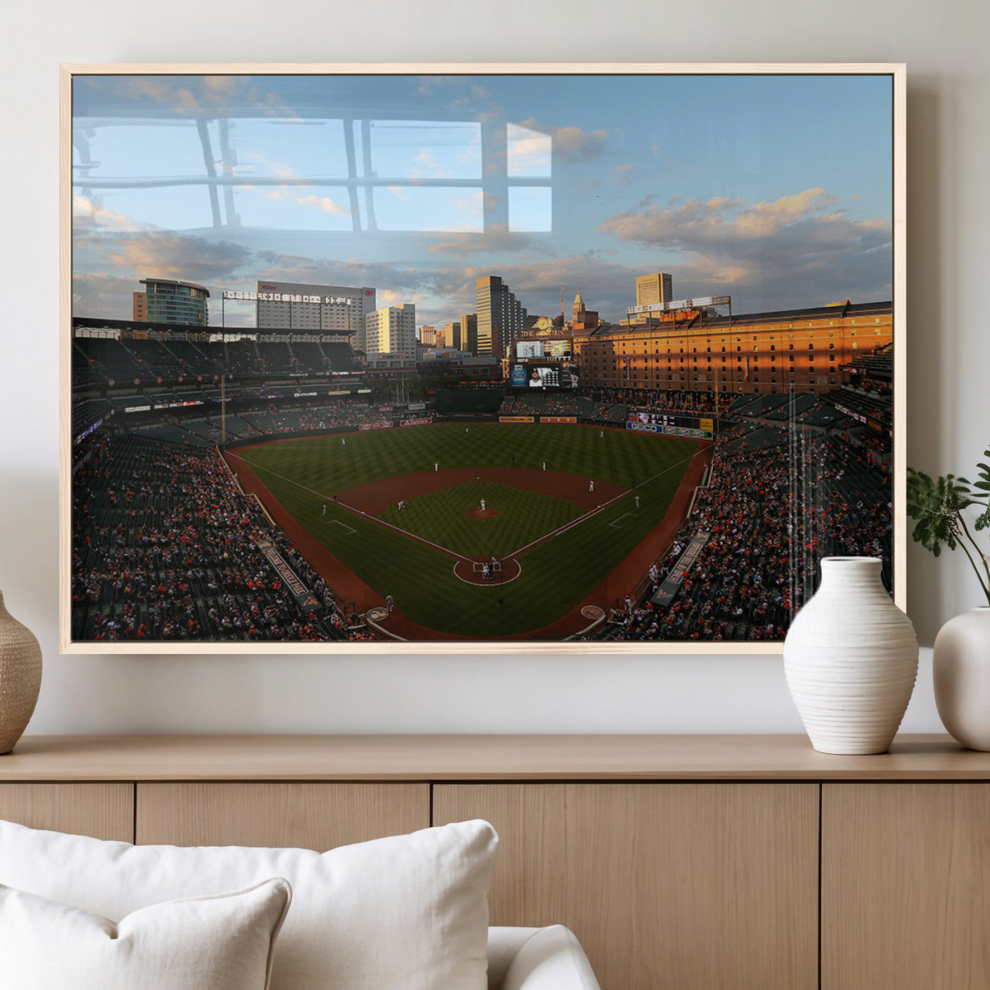 22285236-MGV-FP-36X24-3P_Natural-Baseball Stadium Sunset – Panoramic Ballpark Canvas Wall Art, Sports Decor for Office, Man Cave, Game Room, Sports Bar, Baseball