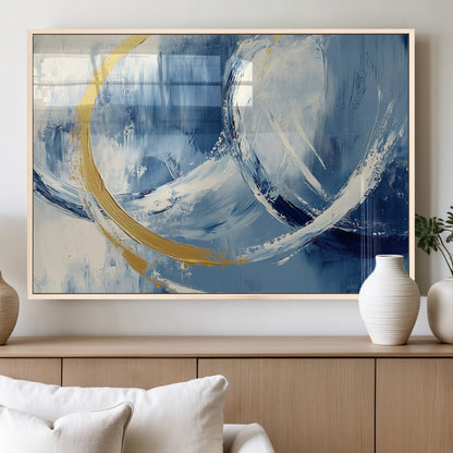 42475677-MGV-FP-36X24-3P_Natural-Blue and Gold Abstract Wall Art – Modern Luxury Canvas Print, Navy White Brushstroke Painting, Contemporary Home Office Living