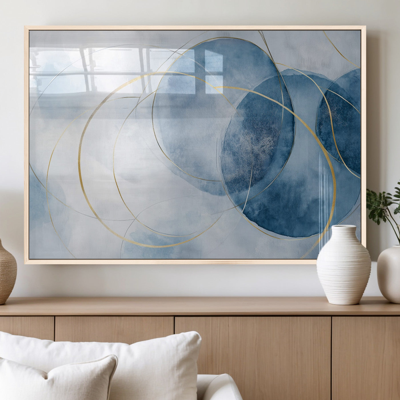 47060443-MGV-FP-36X24-3P_Natural-Blue Abstract Circle Wall Art – Modern Gold and Navy Canvas Print, Minimalist Geometric Painting for Living Room, Bedroom, Office