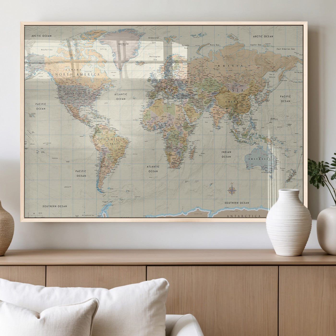 41929777-MGV-FP-36X24-3P_Natural-World Map Wall Art – Large Detailed Political Atlas Style Map Print with Countries, Cities, and Oceans, Warm Earth Tone