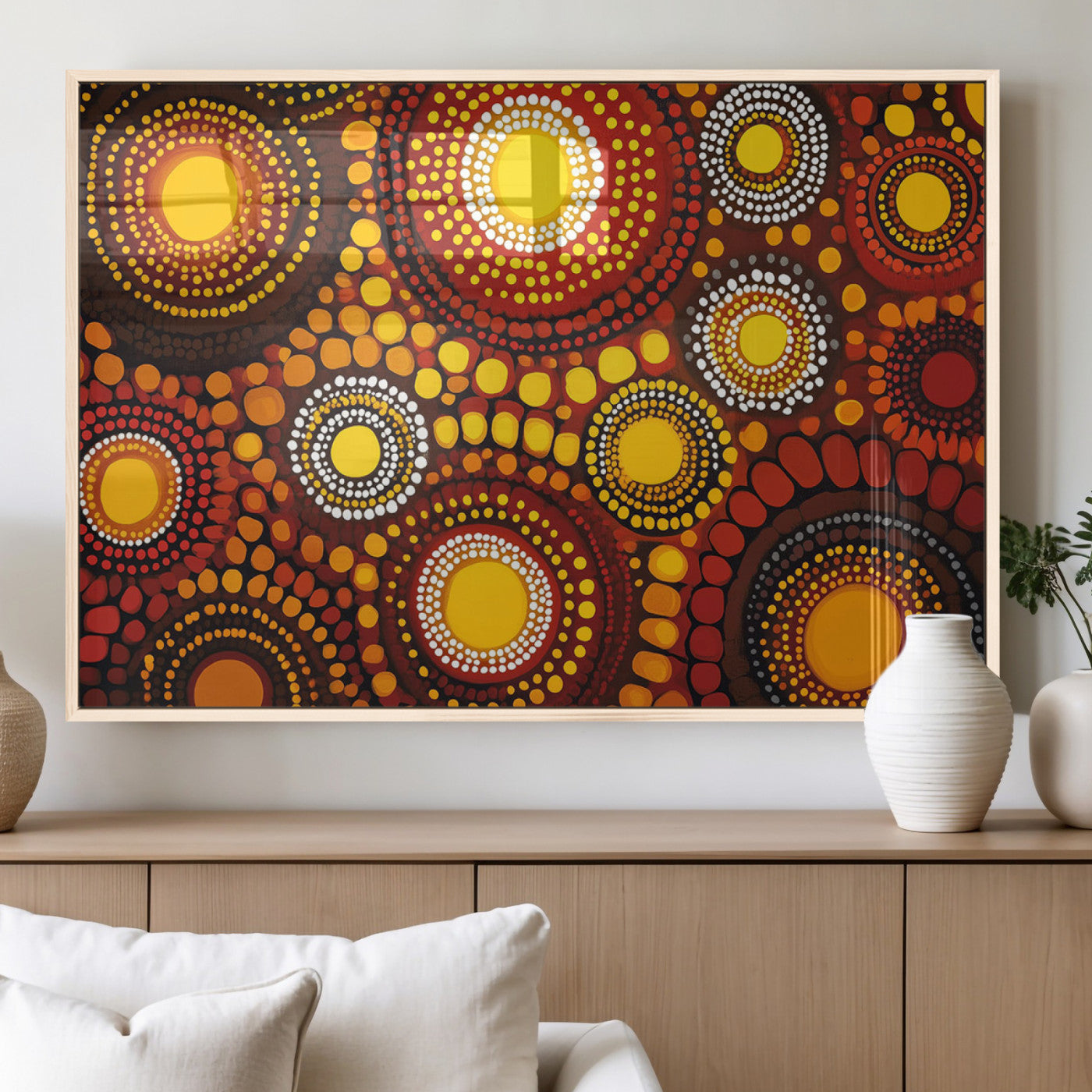 81120549-MGV-FP-36X24-3P_Natural-Abstract Dot Painting Wall Art – Vibrant Tribal Boho Style Canvas Print with Sunburst Mandala Circles in Warm Red, Yellow, Orange