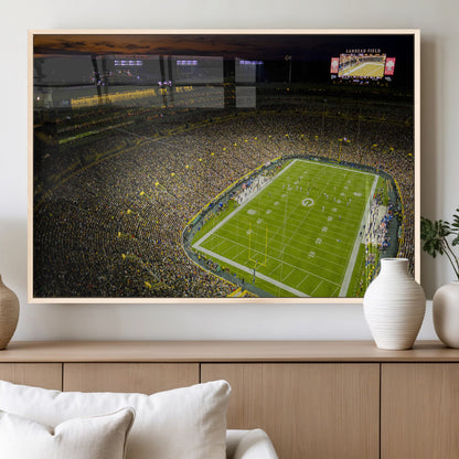 23655234-MGV-FP-36X24-3P_Natural-Lambeau Field Stadium Wall Art – American Football Night Game Canvas Print with Packed Crowd and Lights – Sports Decor for Man